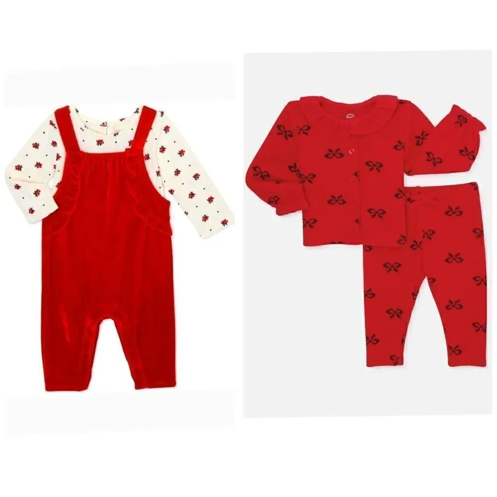 New baby girl Christmas outfit bundle of cardigan set and overall outfit